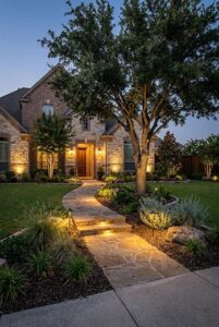 Professional outdoor uplighting for a DFW front yard