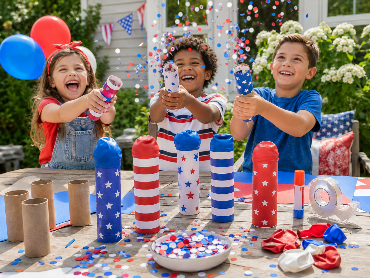 Kids playing with DIY Patriotic Confetti Poppers