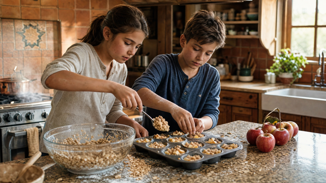 A couple of kids cooking apple crisps